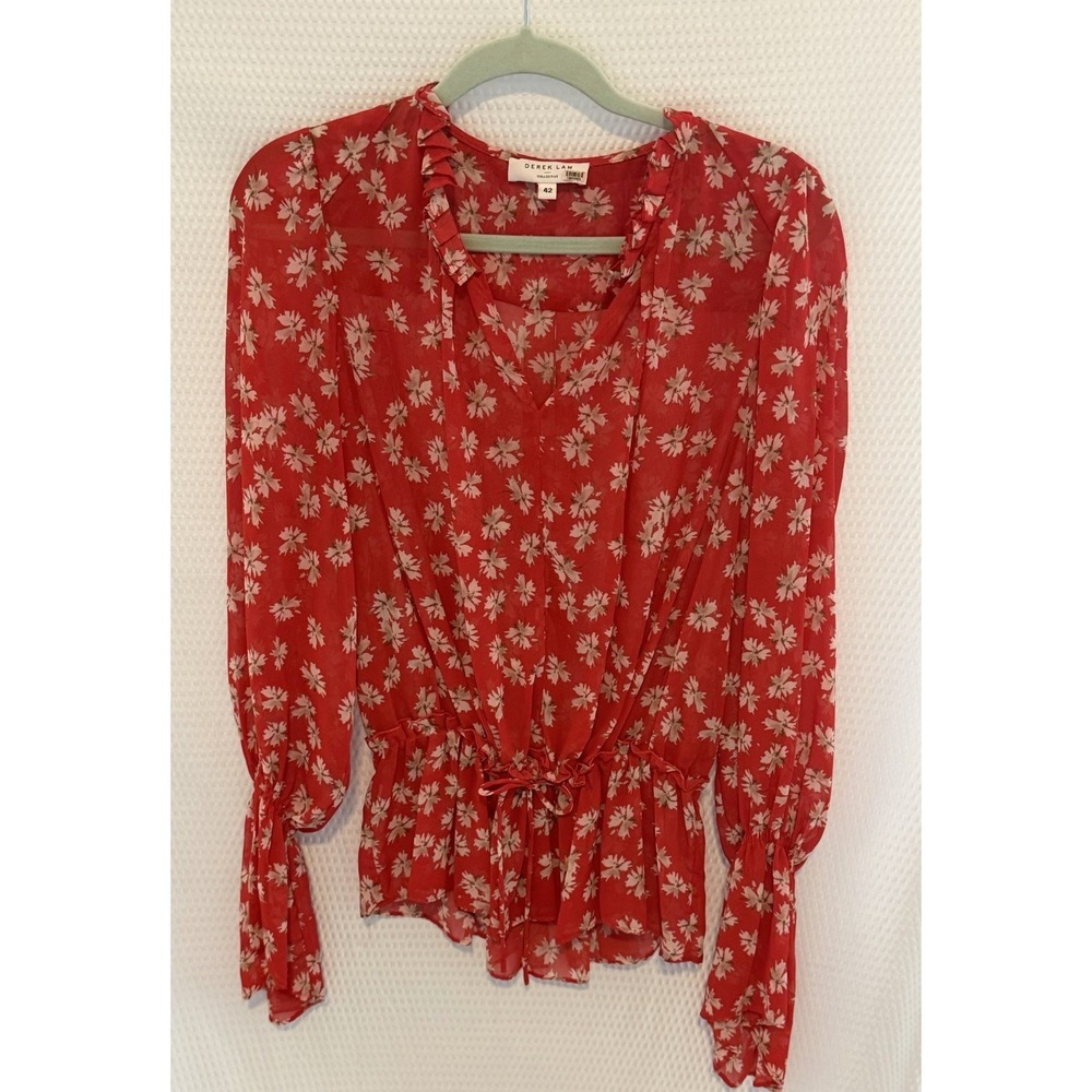 Derek Lam Collective Red White Floral Sheer Chiffon Ruffle V-Neck Blouse 42